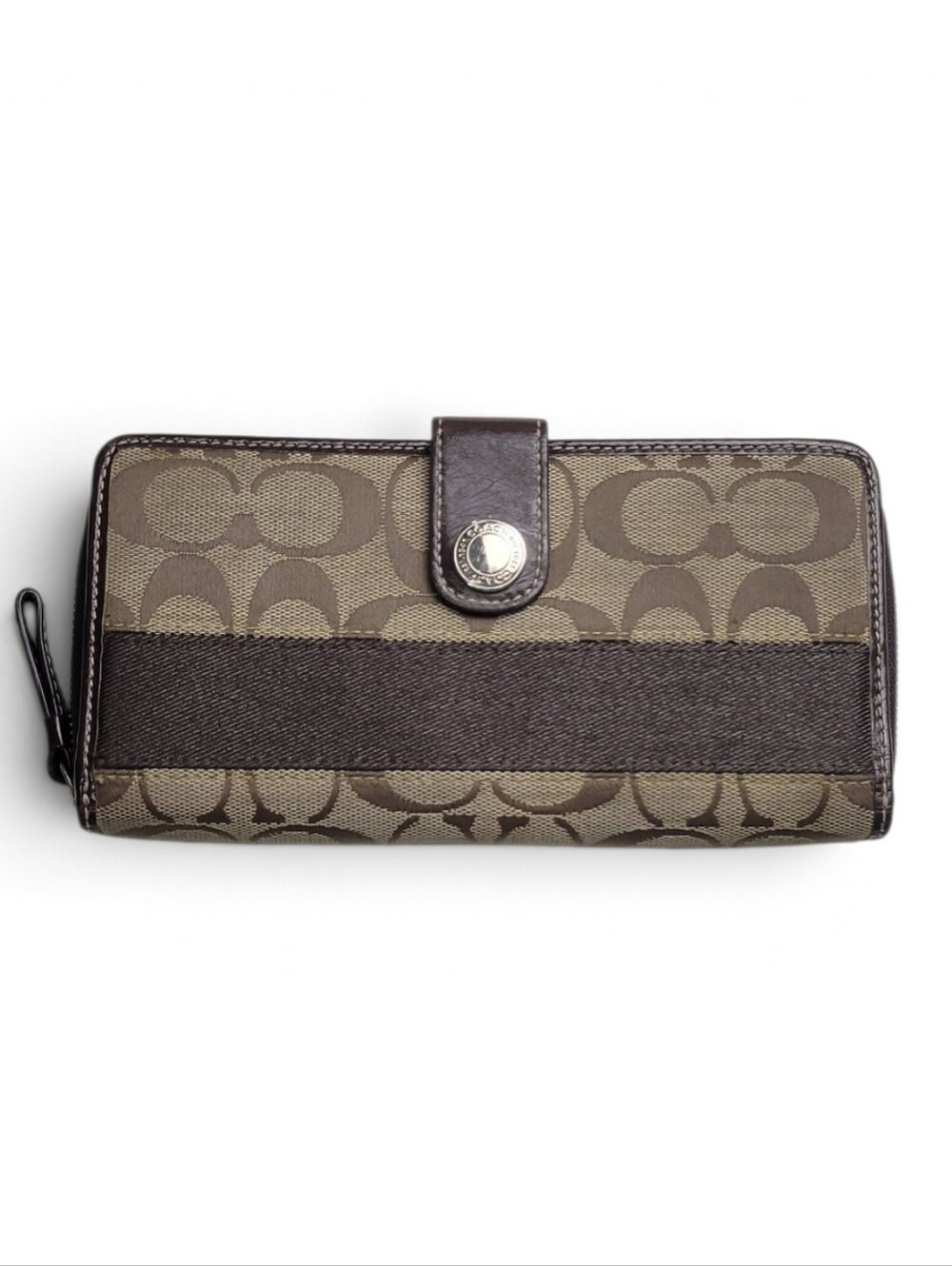 COACH Signature Stripe Accordion Zip Wallet Brown Khaki